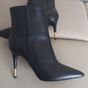 Nine West Bolana Black Leather Pointed Toe Ankle Booties With Gold Heel Detail